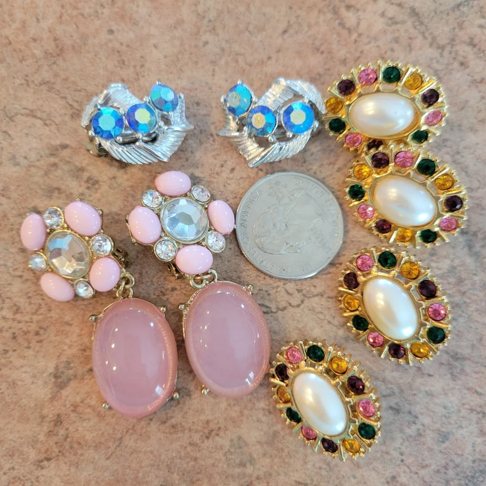 Contemporary Clip-On Earrings ~ 4pr ~ Rhinestones ~ Craft ~ Re-purpose ~ Upcycle